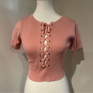 Pink Lace-Up Ribbed Women's Top
